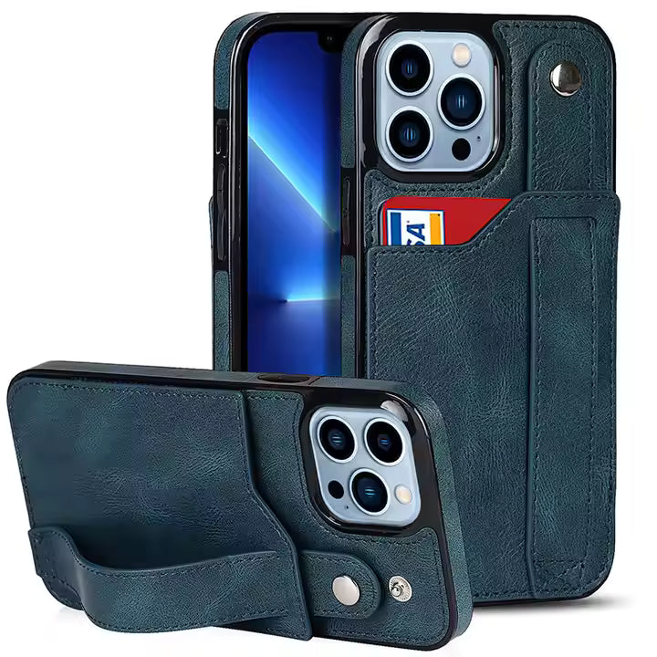 High Grade PU Leather Wallet Function Wrist Strap Band Kickstand TPU Shockproof Protective Phone Case for iPhone 14 15 Pro Max