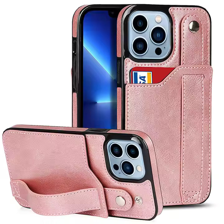 High Grade PU Leather Wallet Function Wrist Strap Band Kickstand TPU Shockproof Protective Phone Case for iPhone 14 15 Pro Max