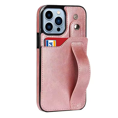 High Grade PU Leather Wallet Function Wrist Strap Band Kickstand TPU Shockproof Protective Phone Case for iPhone 14 15 Pro Max
