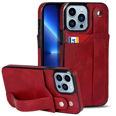 High Grade PU Leather Wallet Function Wrist Strap Band Kickstand TPU Shockproof Protective Phone Case for iPhone 14 15 Pro Max