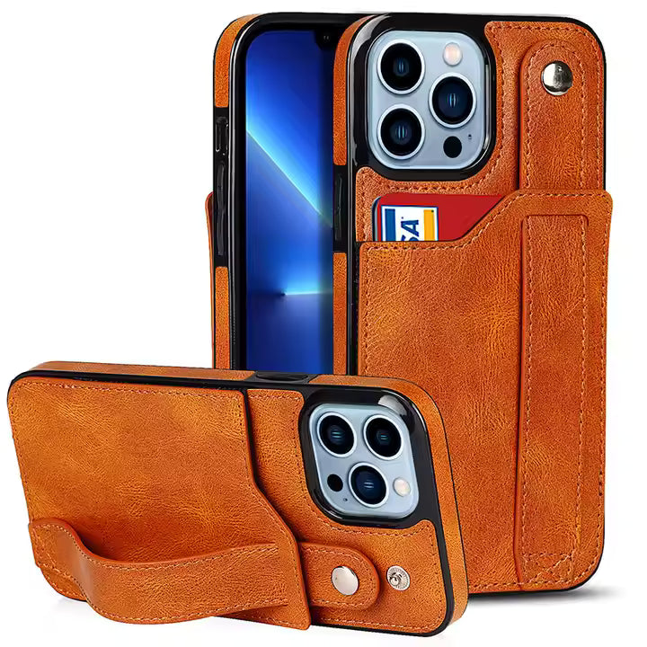 High Grade PU Leather Wallet Function Wrist Strap Band Kickstand TPU Shockproof Protective Phone Case for iPhone 14 15 Pro Max
