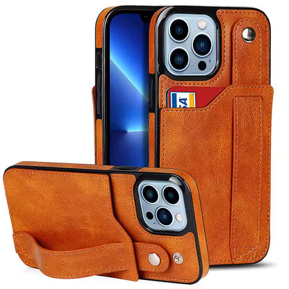 High Grade PU Leather Wallet Function Wrist Strap Band Kickstand TPU Shockproof Protective Phone Case for iPhone 14 15 Pro Max